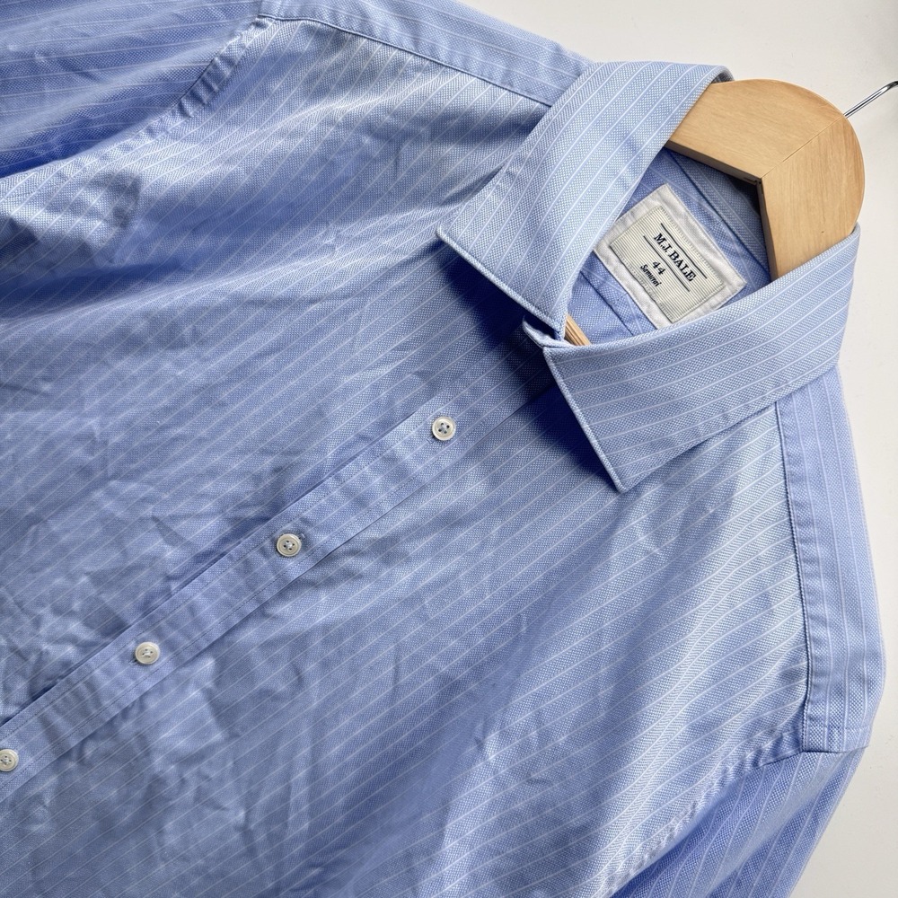 MJ Bale Samurai 44 Men's Blue White Striped Dress Shirt 100% Cotton Long Sleeve